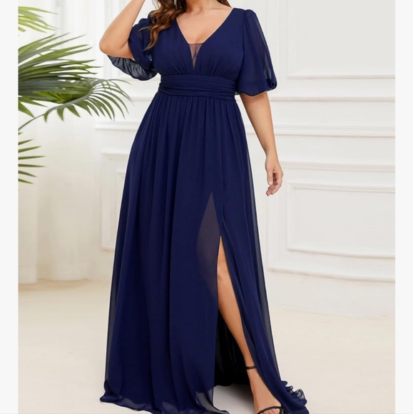 Ever Pretty Navy/Royal Blue V-Neck Formal Evening Gown Bridesmaid Dress with Sle - Picture 4 of 12